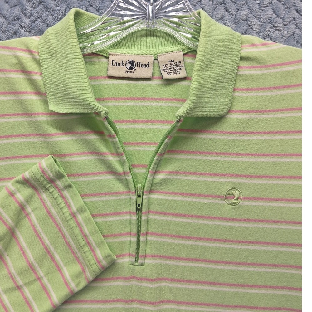 Duck Head Womens Petite PM Green Pink Striped Quarter Zip Polo Long Sleeve Shirt